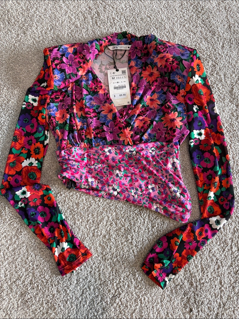 Zara Purple & Pink Floral Long-Sleeve Wrap Top with Shoulder Pads